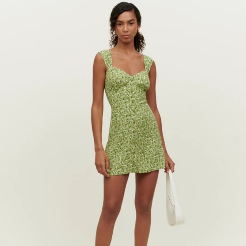 reformation green floral print Lorelei mini dress